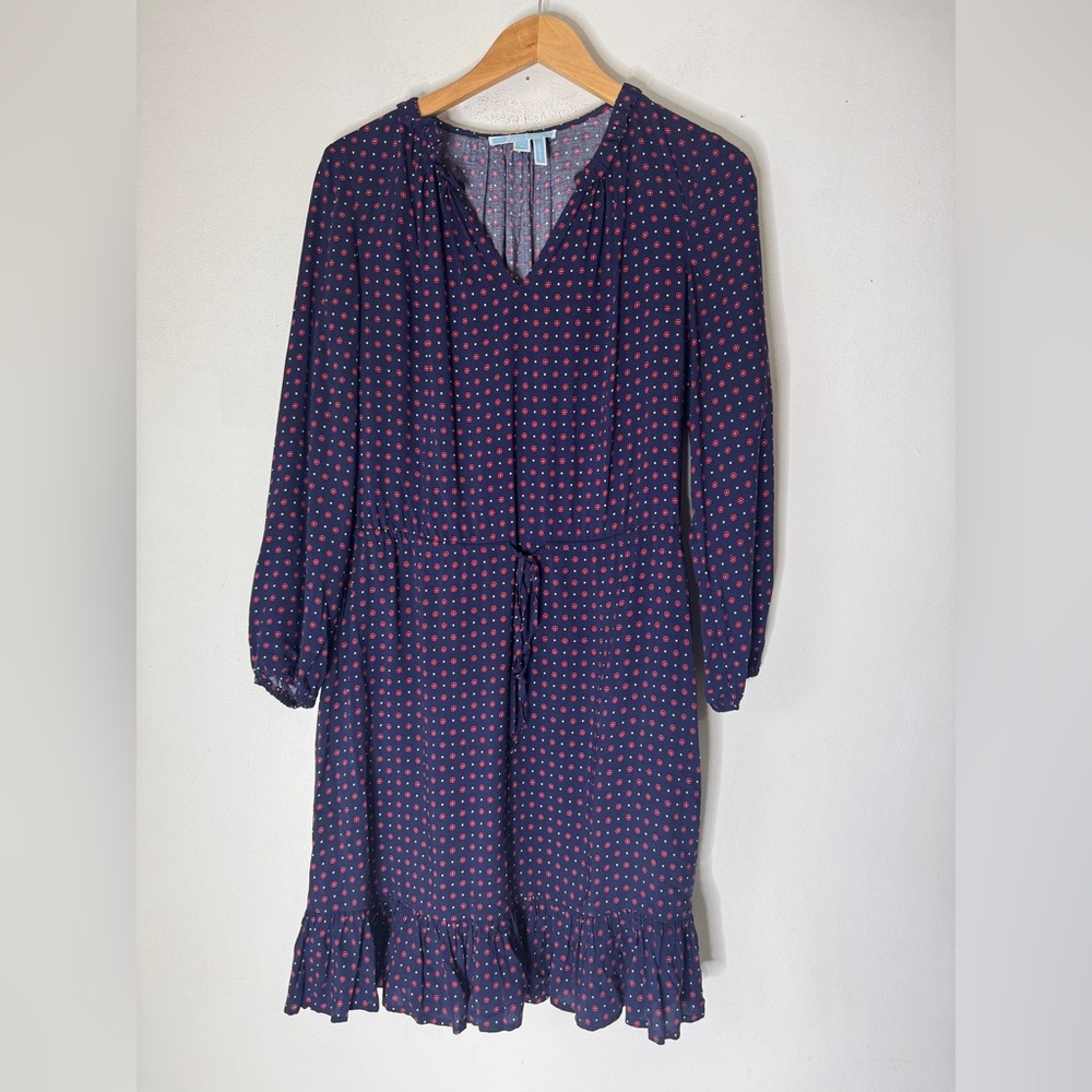 Draper James Navy Blue Red Floral Polka Dot Drawstring Ruffle Hem Dress Size M